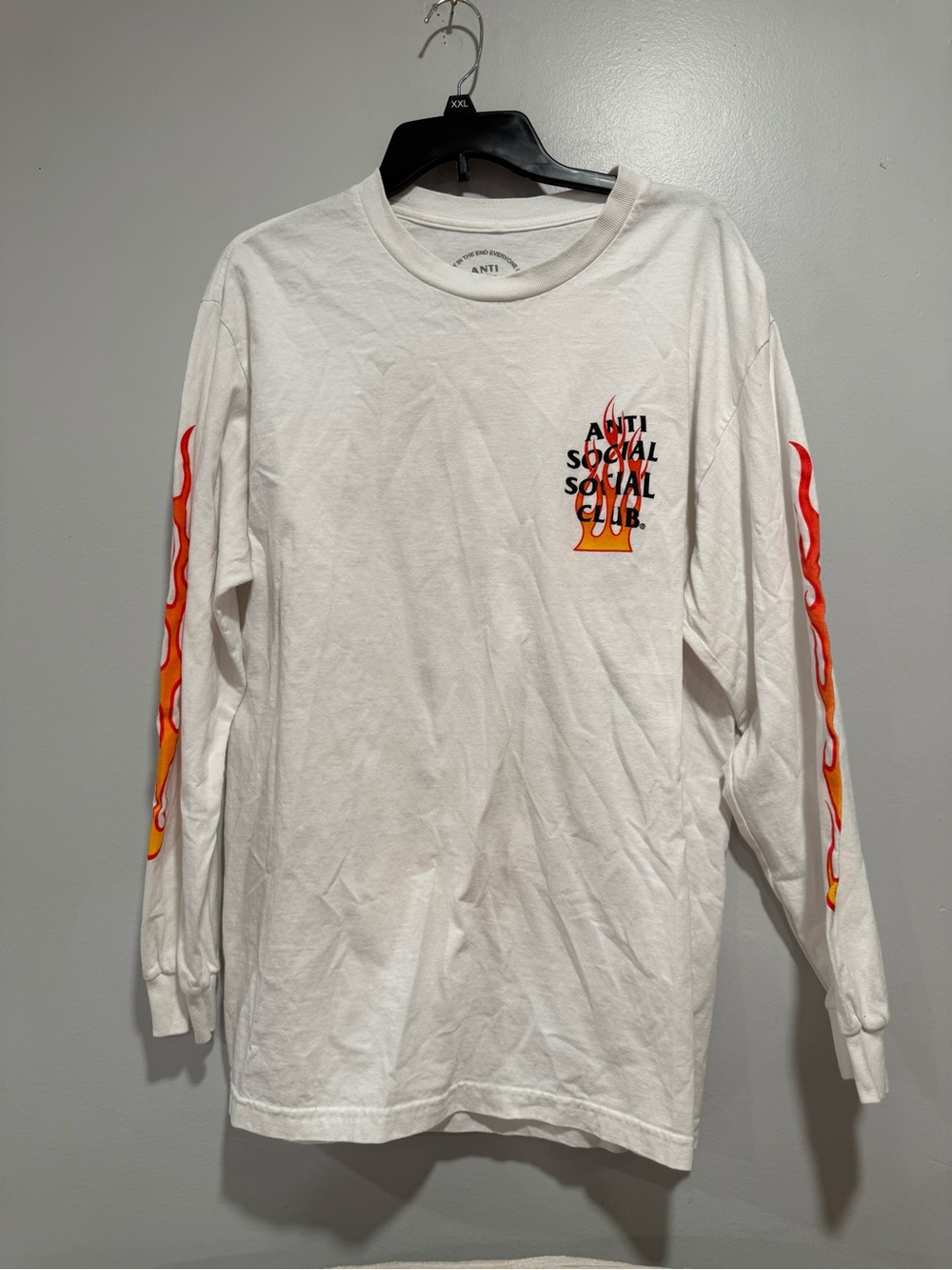 Anti Social Social Club White Long-Sleeve Tee with Red & Orange Flame Sleeves